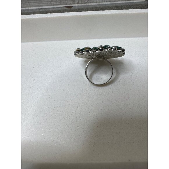 Green & Clear Rhinestone Adjustable Cocktail Ring Statement Floral Design - Picture 2 of 4
